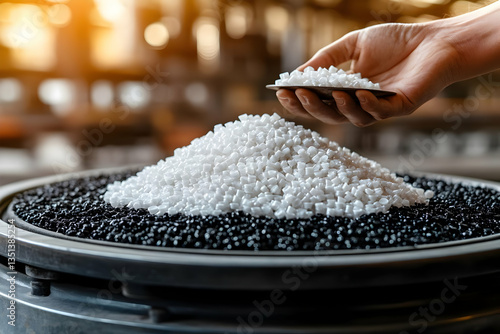 Hand Holding Tray Of White Plastic Granules Over Black Plastic Granules