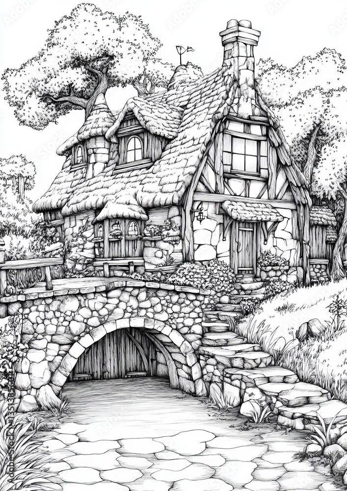 Fototapeta premium Fantasy Village Coloring Pages