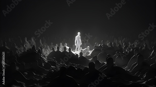 Dramatic 3D Rendered Depicting a Lone White Commanding Figure Amidst a Sea of Dark Silhouetted Entities Exploring the Dynamics of Individuality and its Powerful Presence