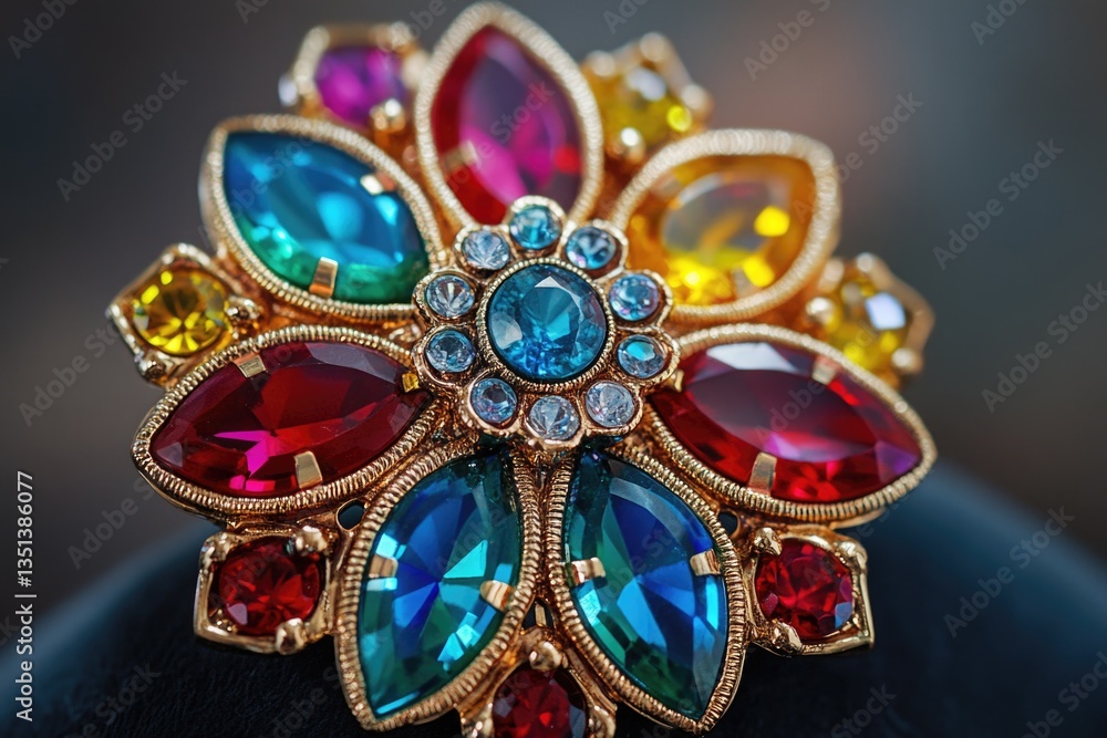 Close-up shot of a ring featuring colorful gemstones
