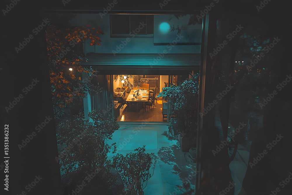 Obraz premium Inviting interior scene viewed from outdoors on a dimly lit evening