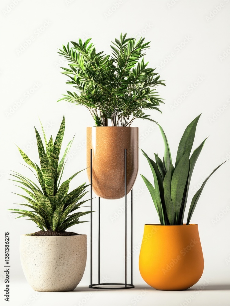 Three potted plants standing on a white wall, perfect for home decor or office space