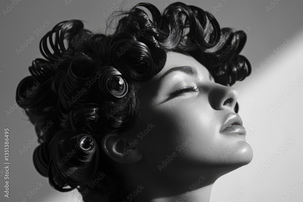 A black and white photo of a woman with curlers in her hair, great for beauty or lifestyle editorial use