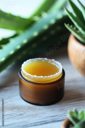 Obraz na płótnie A jar of honey sits next to a plant, highlighting the sweetness and natural beauty around us w salonie