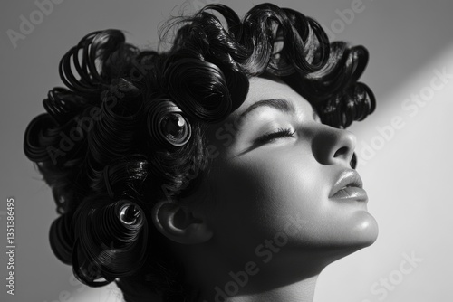 Obraz na płótnie A black and white photo of a woman with curlers in her hair, great for beauty or lifestyle editorial use w salonie