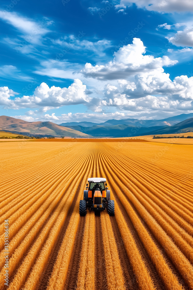 Obraz premium Tractor plowing through golden wheat fields, bright blue sky with fluffy clouds, vast agricultural landscape reflecting productivity, concept of farming, crop cultivation, rural economy