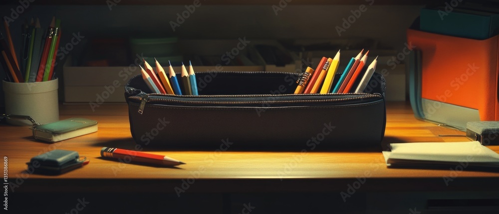 A desk with a bunch of pencils organized in a case