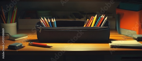 Obraz na płótnie A desk with a bunch of pencils organized in a case w salonie