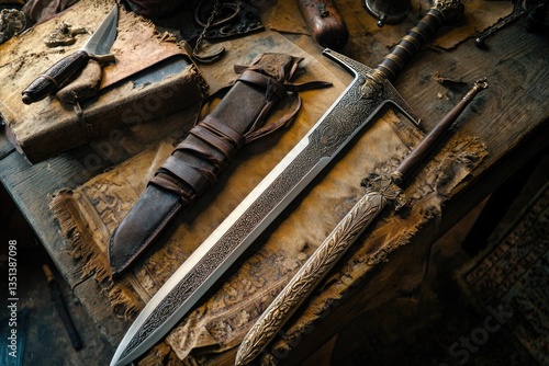 Obraz na płótnie Tools used in kitchen preparation, including a knife and knife sheath, on a table for easy access w salonie