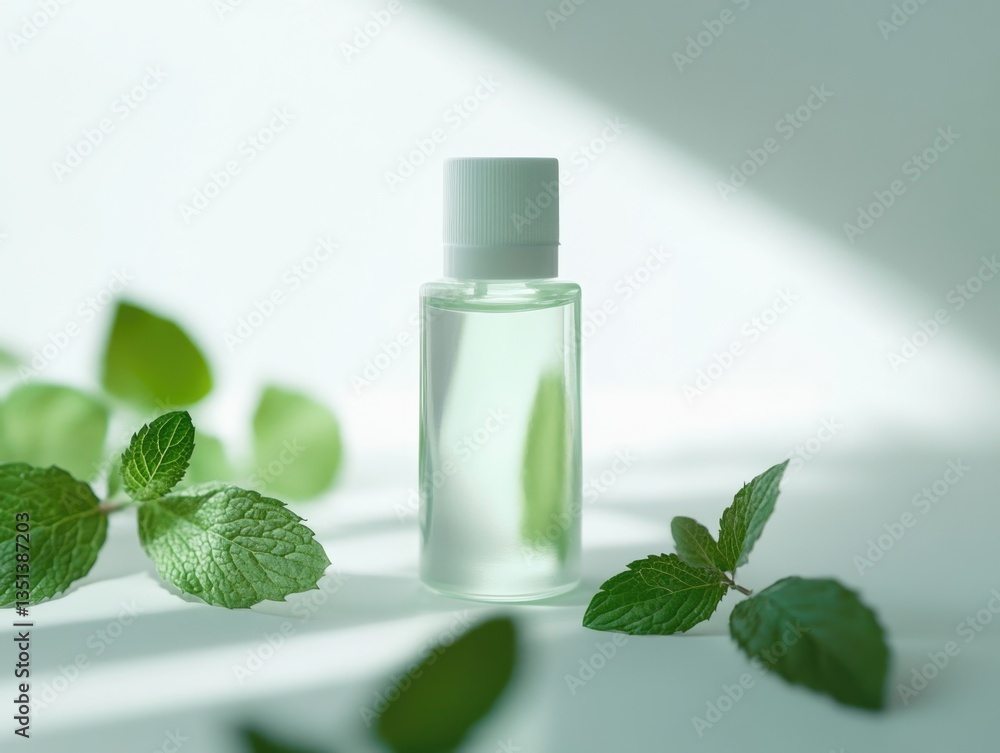 A close-up shot of a perfume bottle next to a leaf, great for beauty or nature-themed designs