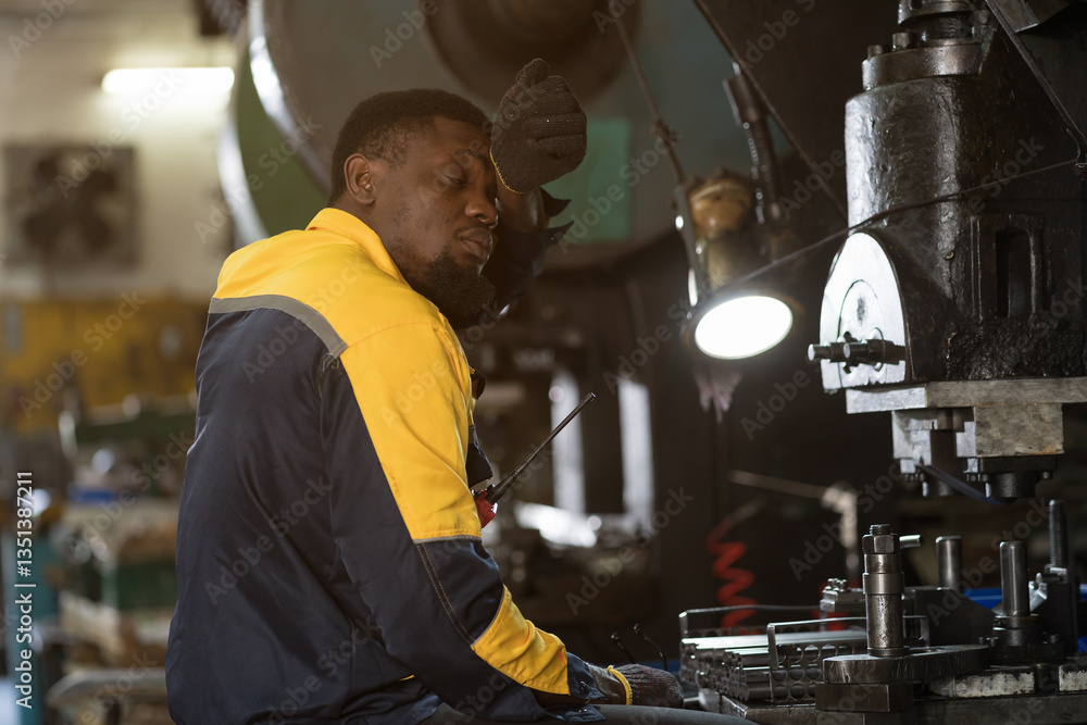 Male engineer, Male worker, factory and machine. Male engineer at work, tired and thirst of water in the industry factory Male engineer, Male worker, factory and machine. Male engineer at work, tired and thirst of water in the industry factory