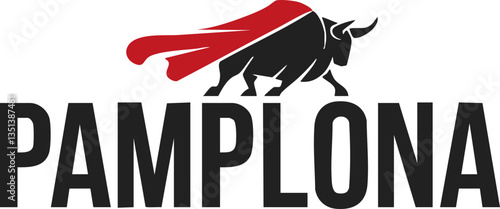 Pamplona bull logo design with a superhero cape, bold typography, and striking colors for event branding, merchandise, and promotional materials.