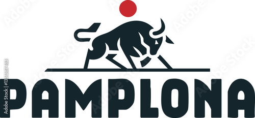 Bold Pamplona bull logo design with striking black silhouette and red sun, perfect for branding, sports, events, and merchandise.