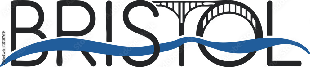 Fototapeta premium Bristol city name logo design with bridge and river elements in black and blue vector illustration for branding, signage, posters, and graphic design projects.