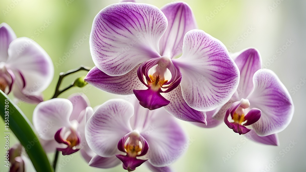 Close-up beautiful purple white phalaenopsis orchids full bloom against a soft green background. Close-up beautiful purple white phalaenopsis orchids full bloom against a soft green background.