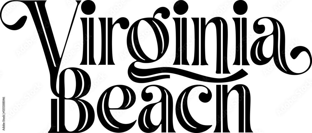 Stylish Virginia Beach typography in elegant script, decorative lettering design for branding, posters, invitations, signage, beach-themed graphics.