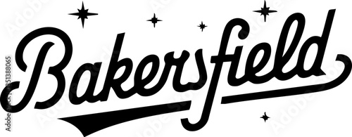 Bakersfield handwritten lettering logo design. Elegant script font with stars and flourishes, retro style typography for branding, signage, posters, t-shirts, and creative projects.