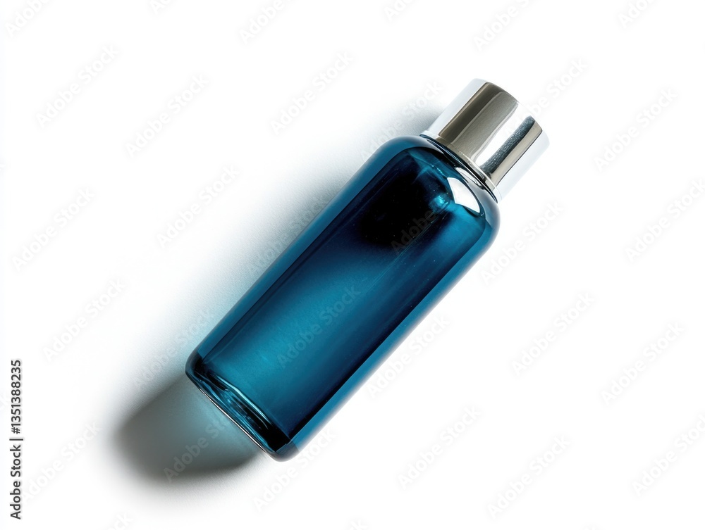 A bottle filled with blue liquid sits on a white surface, providing a simple yet striking visual