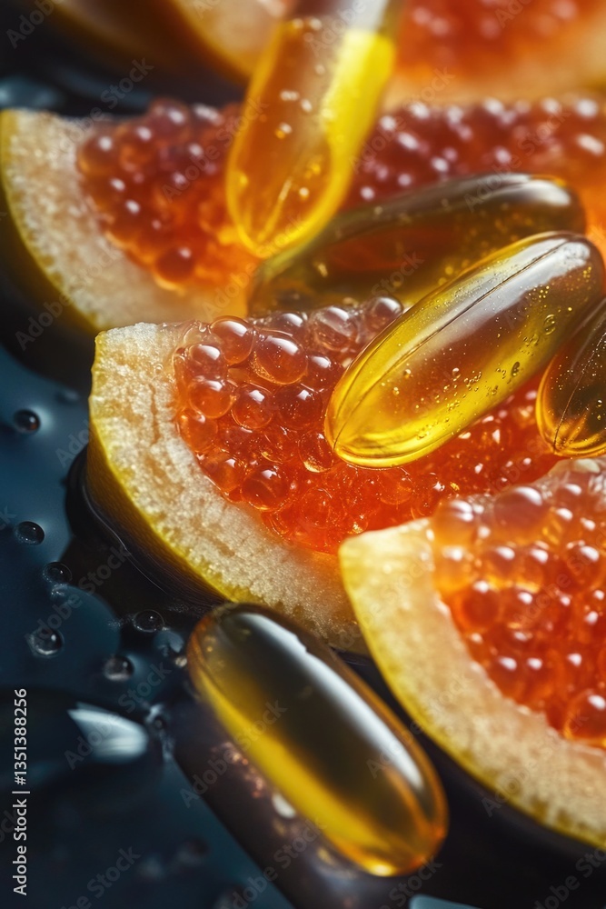 Fresh grapefruit with vitamin supplements on top