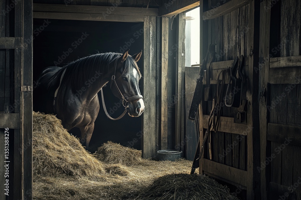 A horse stands in a barn surrounded by hay