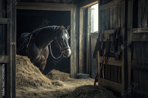 Obraz na płótnie A horse stands in a barn surrounded by hay w salonie
