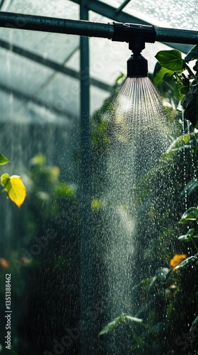A rain shower head in a peaceful garden setting