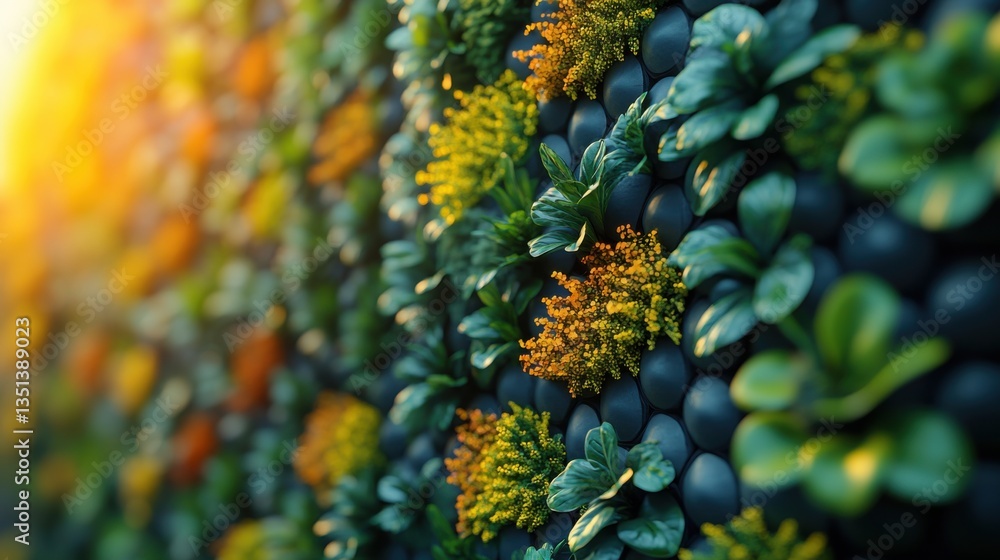 A lush vertical garden covering the side of a building, absorbing pollution through nanotech leaves A lush vertical garden covering the side of a building, absorbing pollution through nanotech leaves