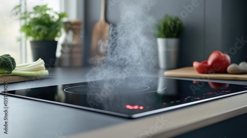 Stovetop with steam rising from the surface, suitable for kitchen and food related uses