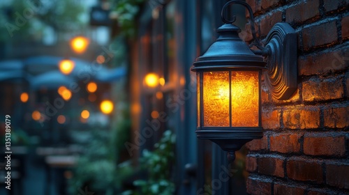 Rustic brick wall decorated with vintage lamps. Cozy atmosphere