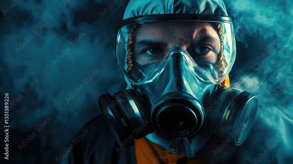 A person wearing a gas mask with smoke visible from their mouth, possibly indicating an industrial or hazardous environment