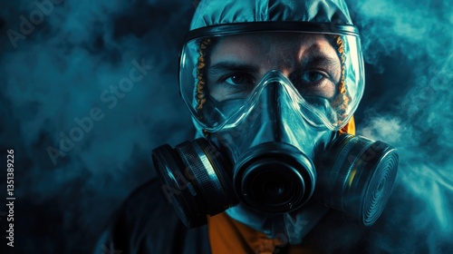 Obraz na płótnie A person wearing a gas mask with smoke visible from their mouth, possibly indicating an industrial or hazardous environment w salonie
