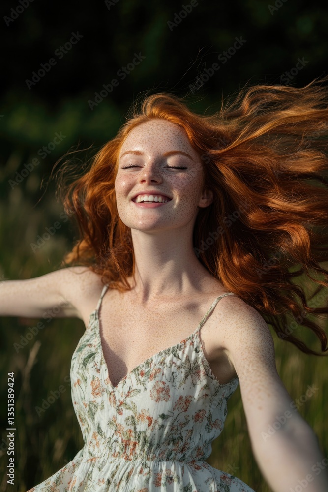 A woman with vibrant red hair sits or stands in a field, possibly a nature scenery