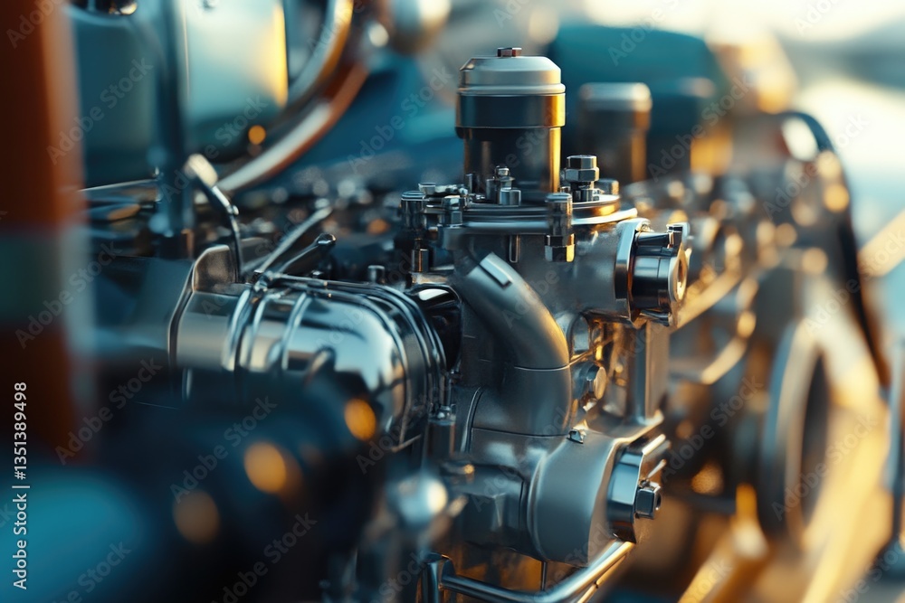 Close up view of a large engine's internal components