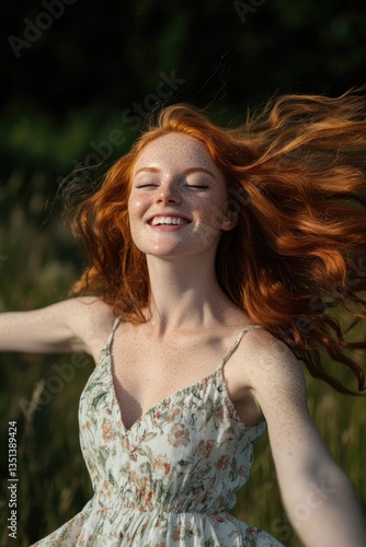 Obraz na płótnie A woman with vibrant red hair sits or stands in a field, possibly a nature scenery w salonie