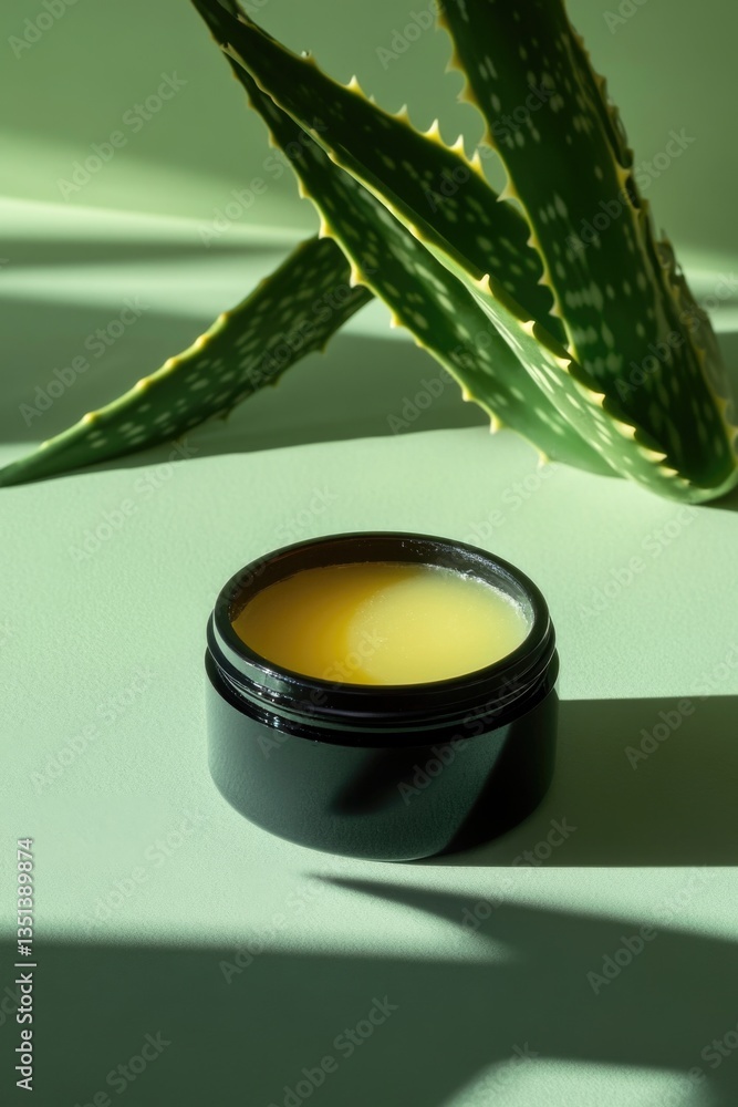 A container filled with cream sitting next to a pot of aloe vera
