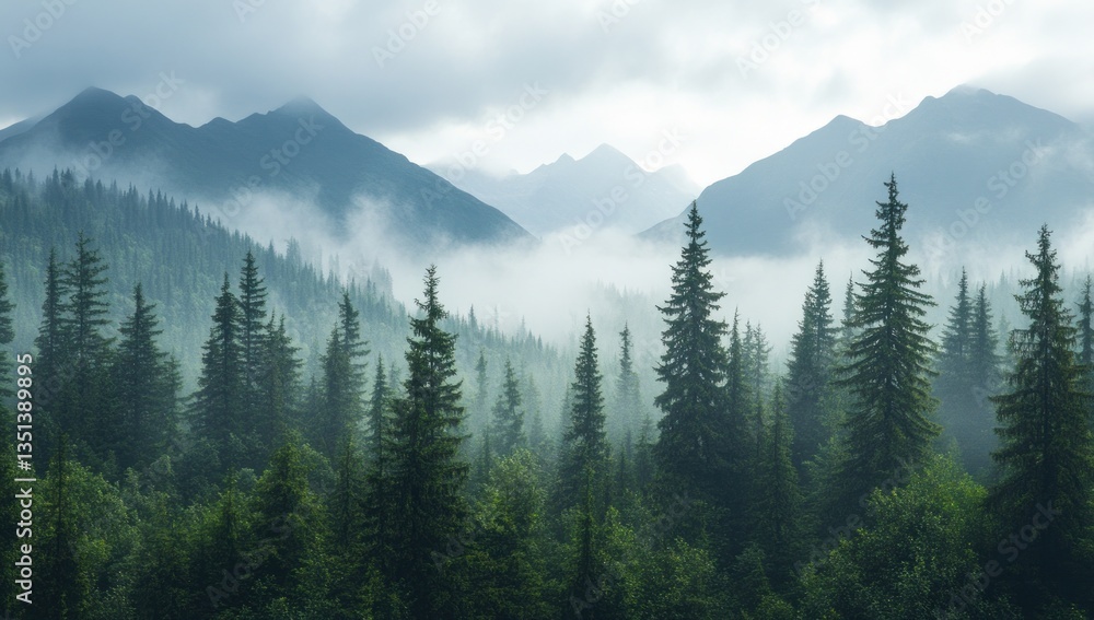 Misty mountains rise above a dense evergreen forest landscape Misty mountains rise above a dense evergreen forest landscape