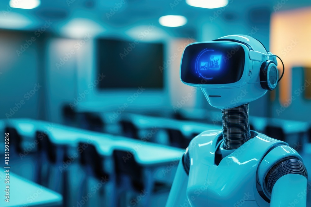 A robot sits at a desk in a classroom, wearing headphones