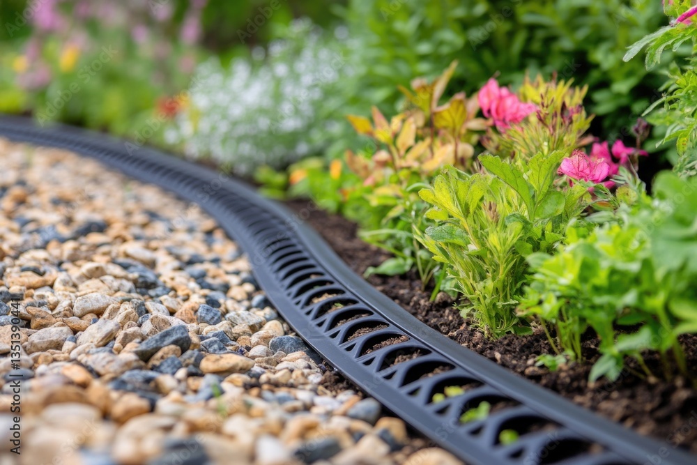 A close-up shot of a train track surrounded by lush greenery and flowers in a peaceful garden setting