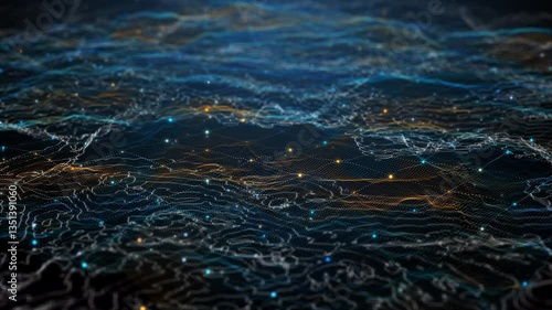Flying through futuristic digital geology terrain, digital data telemetry and engineer topography with contour lines. 3D wireframe cartography concept. 