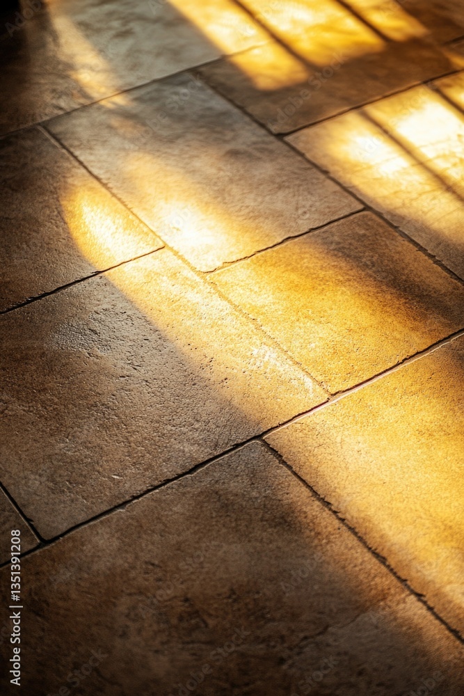 A domestic cat is sitting on a tile floor