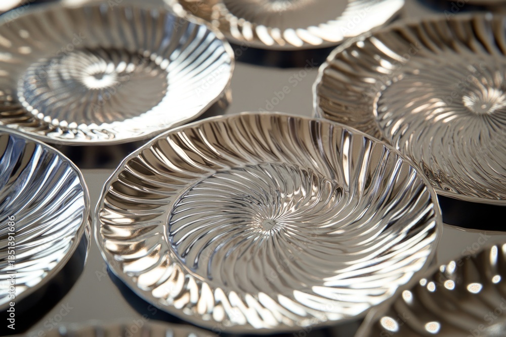 A collection of silver plates on a table