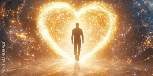 Silhouette of a person walking towards a glowing heart shape