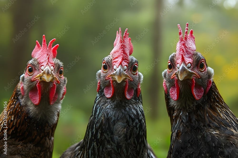 Naklejka premium Portrait of three free-ranging chickens on a chicken farm