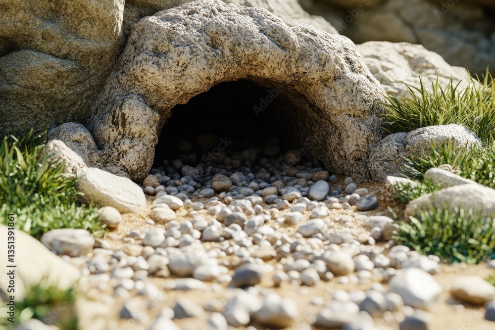 A small cave in rock formations, surrounded by stones and natural structures