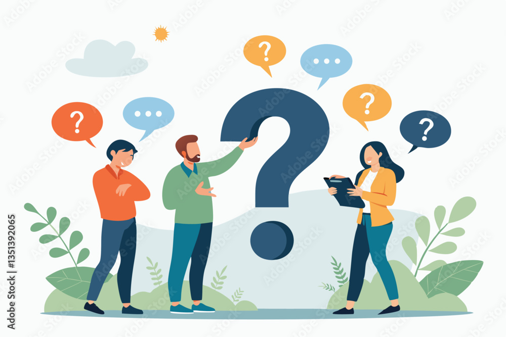 Flat illustration of two people having a discussion or debate with a large question mark in the center, representing confusion, problem-solving, communication, or uncertainty Flat illustration of two people having a discussion or debate with a large question mark in the center, representing confusion, problem-solving, communication, or uncertainty