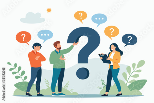 Flat illustration of two people having a discussion or debate with a large question mark in the center, representing confusion, problem-solving, communication, or uncertainty