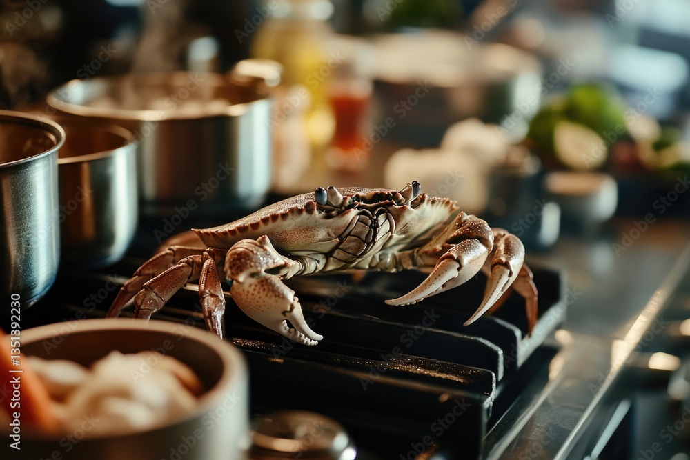 A crab sits on the edge of a stovetop, ready to scuttle away