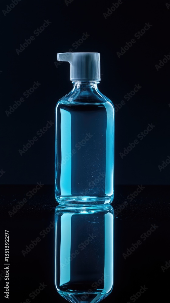 A blue plastic bottle with a white cap sitting on a black surface