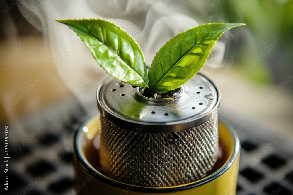 A tea strainer with a single green leaf stuck in it