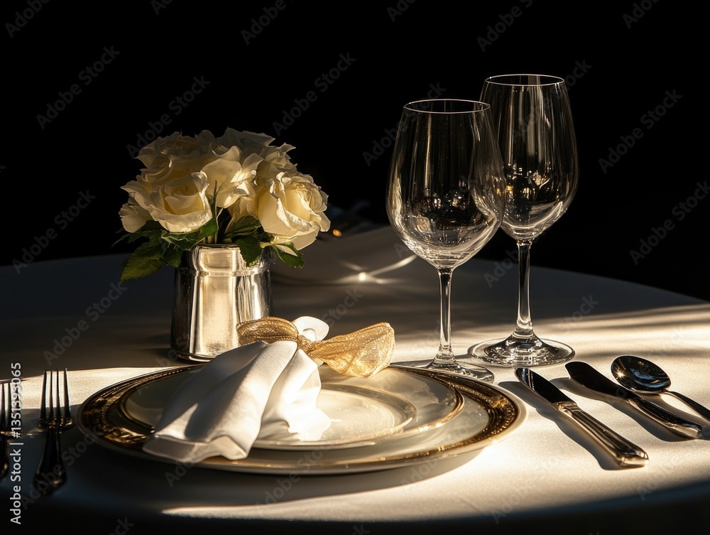 A table with a plate, silverware and a vase of fresh flowers